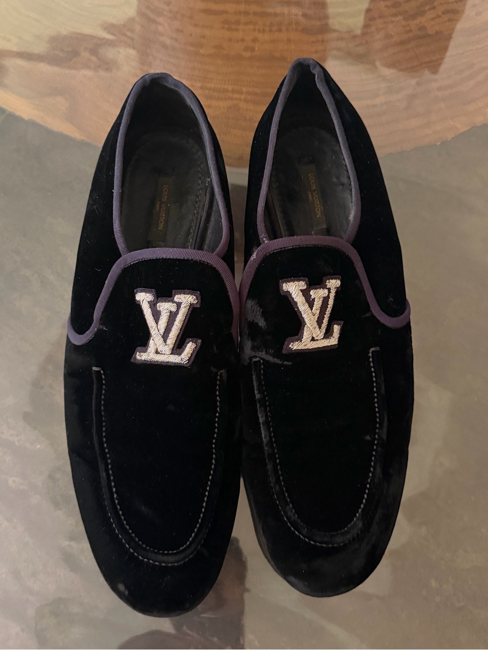 Louis Vuitton Black Velvet Loafer Embroidered LV